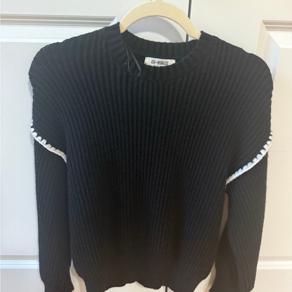 4th & Reckless Black Ribbed Crewneck Sweater with White Trim